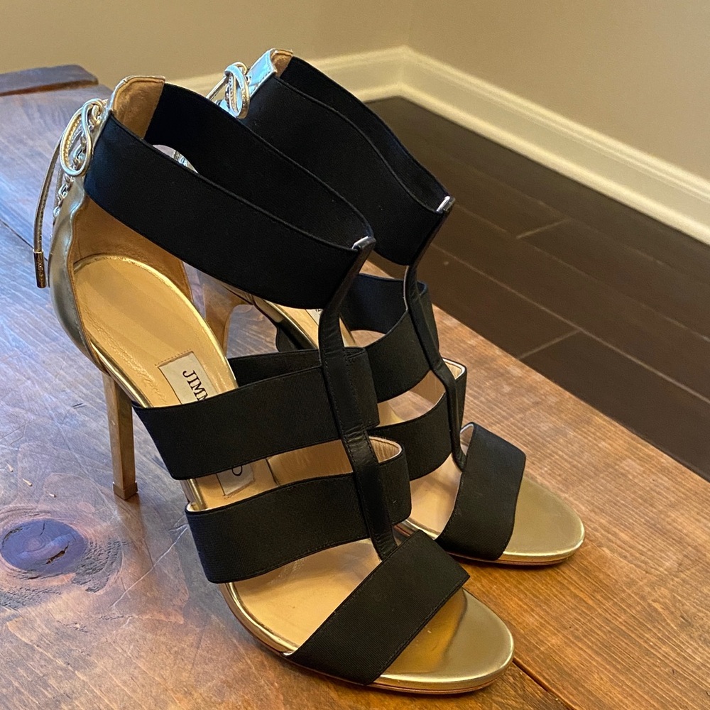 Jimmy Choo Black and Gold Strappy Heels made in Italy size 38.5